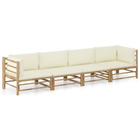 Set de muebles de jardín 4 piezas bambú y cojines blanco