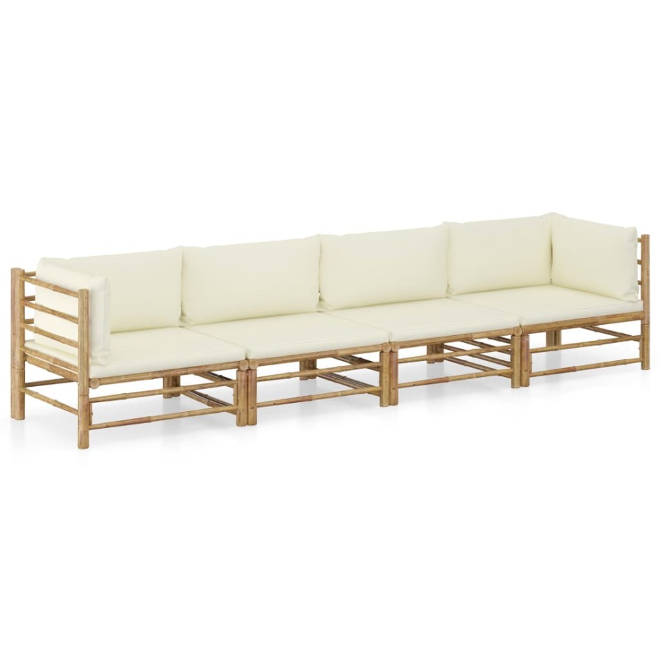 Set de muebles de jardín 4 piezas bambú y cojines blanco