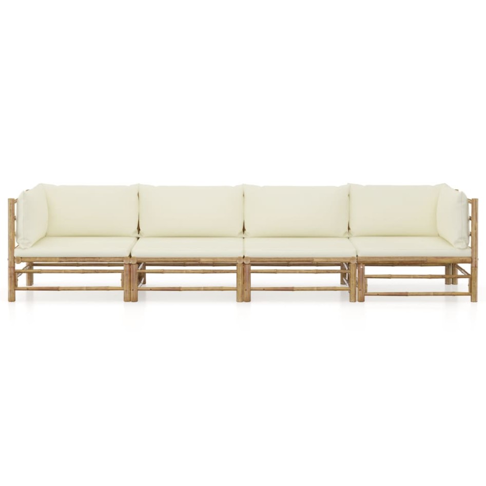 Set de muebles de jardín 4 piezas bambú y cojines blanco