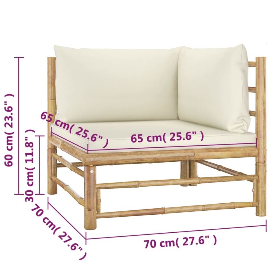 Set de muebles de jardín 4 piezas bambú y cojines blanco