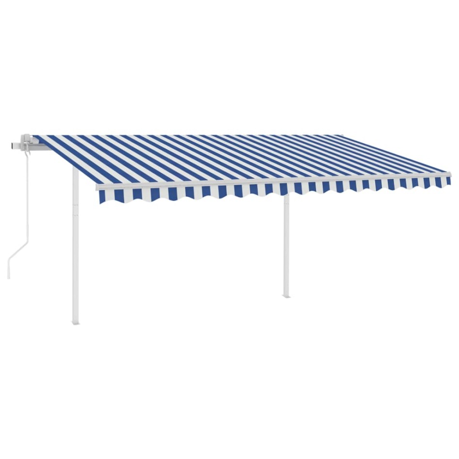 Toldo manual retráctil con postes azul y blanco 4,5x3
