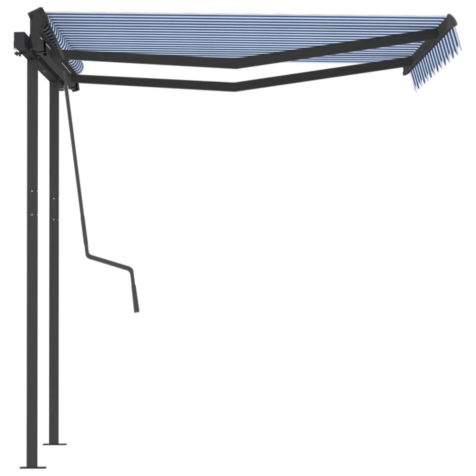 Toldo automático retráctil con postes azul y blanco 3x2,5