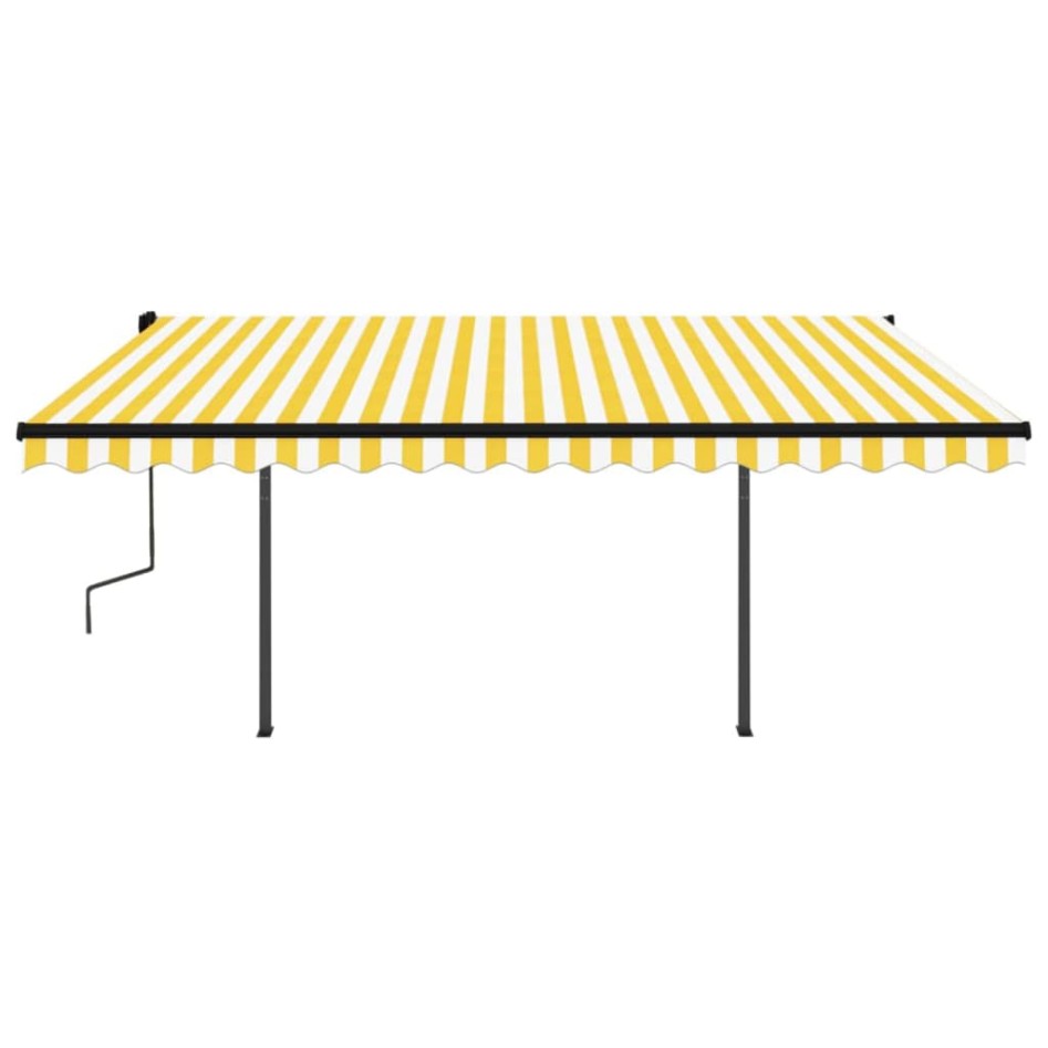 Toldo retráctil automático con postes amarillo y blanco 4x3,5