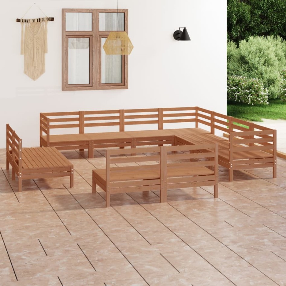Juego muebles de jardín 11 pzas madera maciza pino marrón