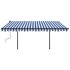 Toldo retráctil manual con postes azul y blanco 4x3,5