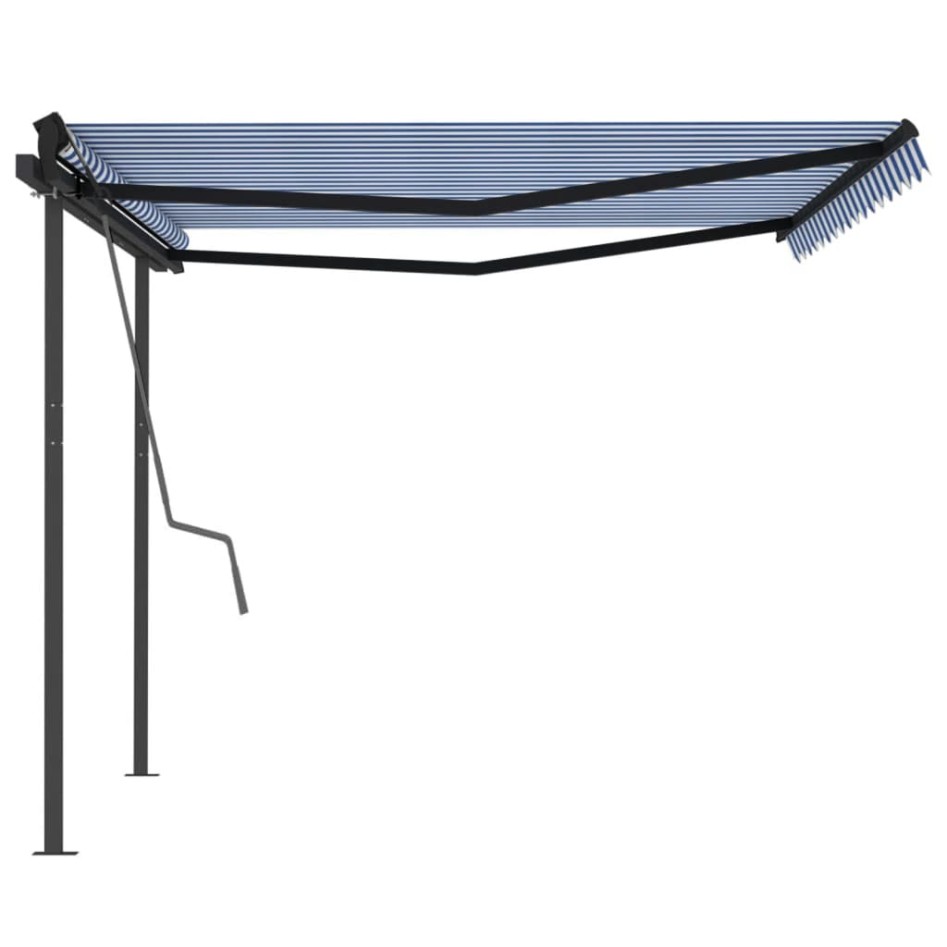 Toldo retráctil manual con postes azul y blanco 4x3,5
