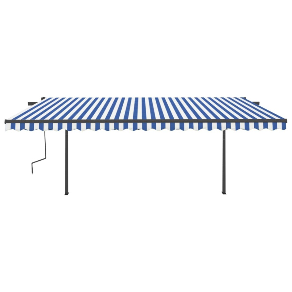 Toldo retráctil manual con postes azul y blanco 5x3,5