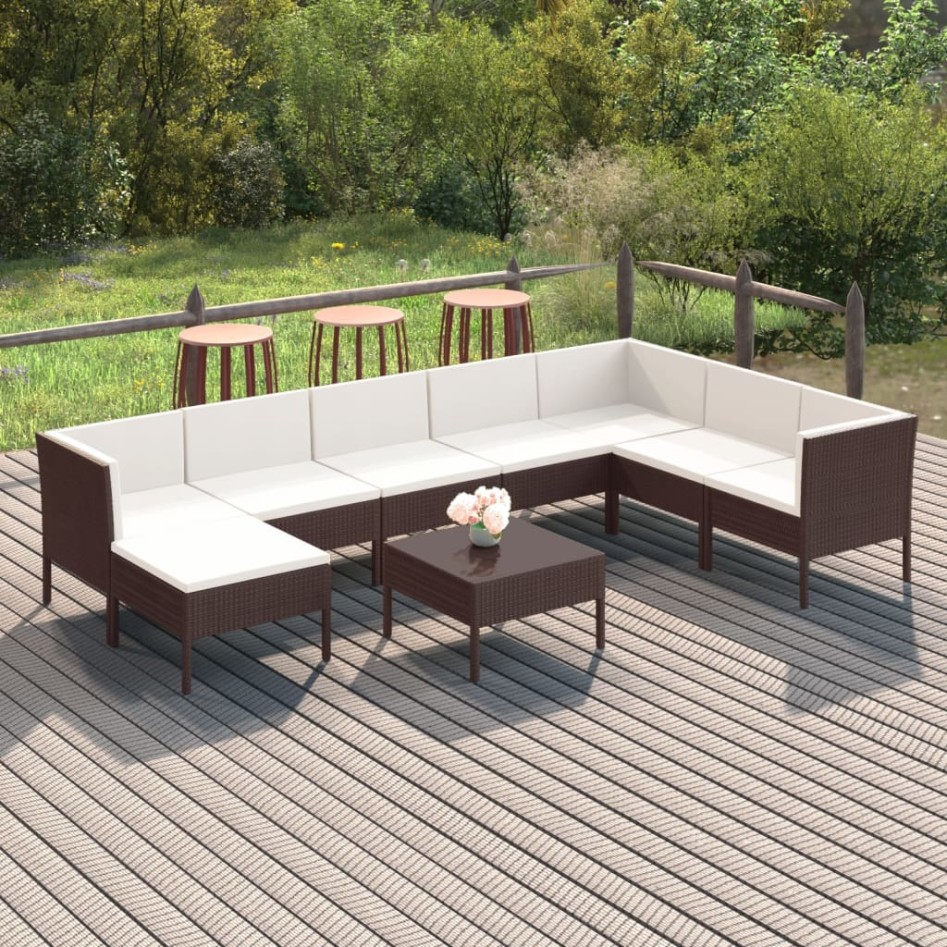 Set muebles de jardín 9 pzas y cojines ratán sintético