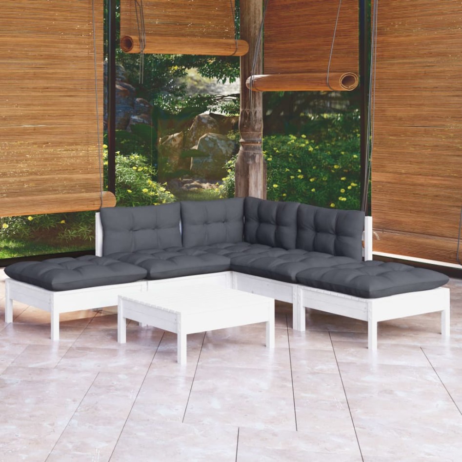 Muebles de jardín 6 pzas con cojines blanco madera de