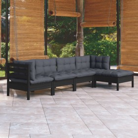 Muebles de jardín 5 pzas con cojines negro madera de