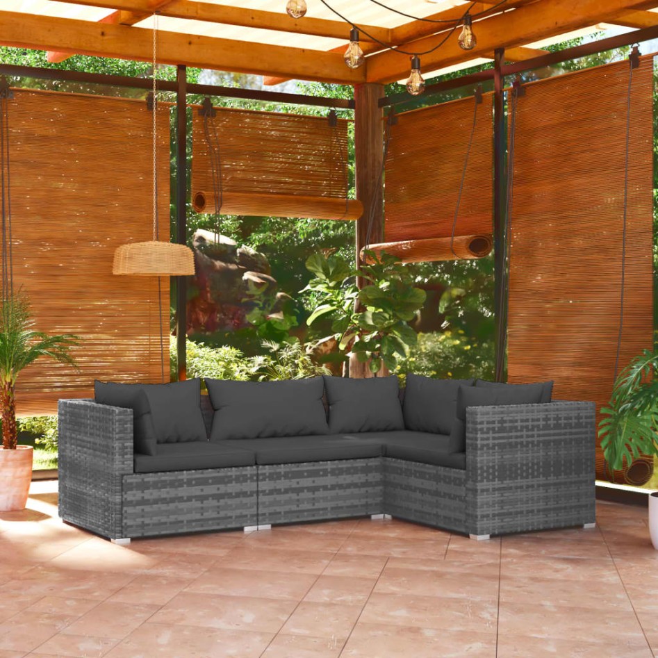 Set muebles de jardín 4 piezas y cojines ratán sintético