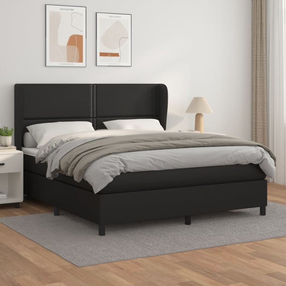 Cama box spring con colchón cuero sintético negro 160x200