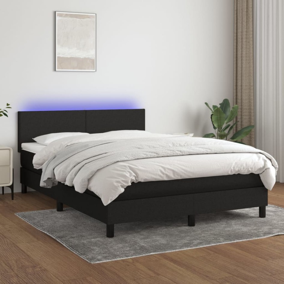 Cama box spring con colchón y LED tela negro 140x190