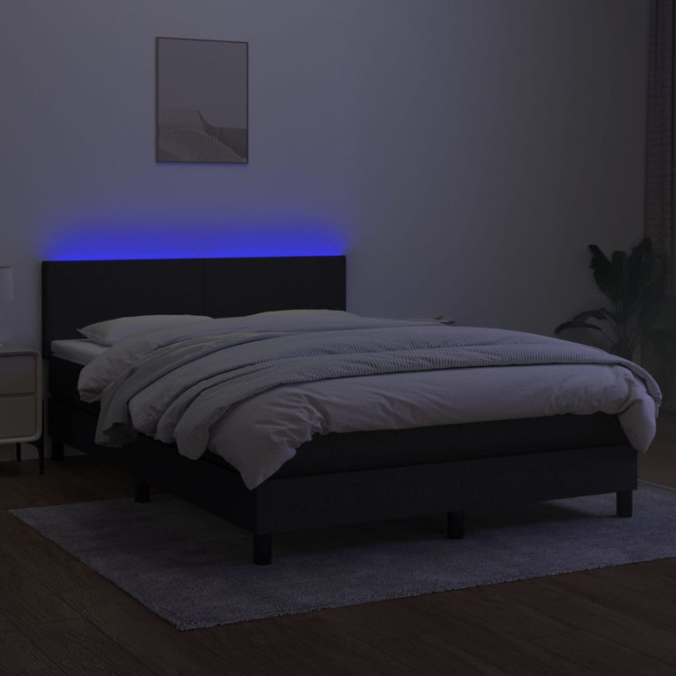 Cama box spring con colchón y LED tela negro 140x190