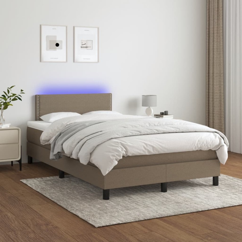 Cama box spring con colchón y LED tela gris taupe 120x200