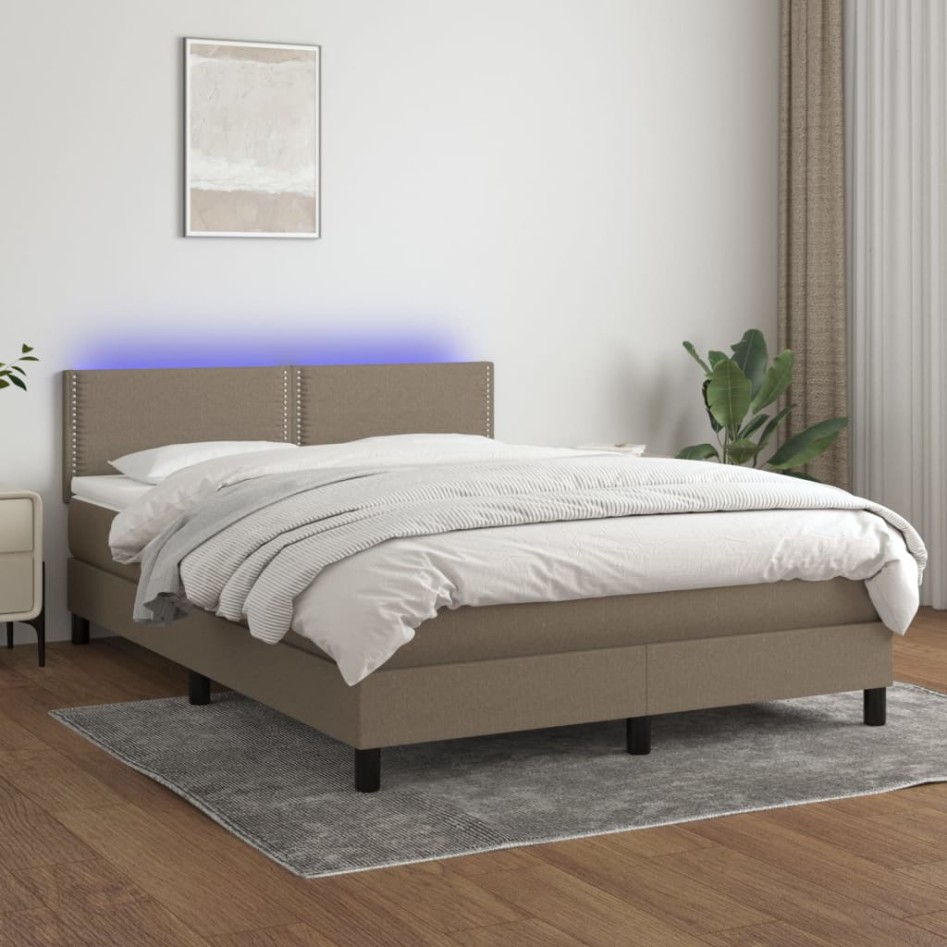 Cama box spring colchón y luces LED tela gris taupe 140x190