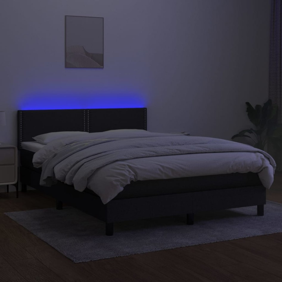 Cama box spring colchón y luces LED tela negro 140x190