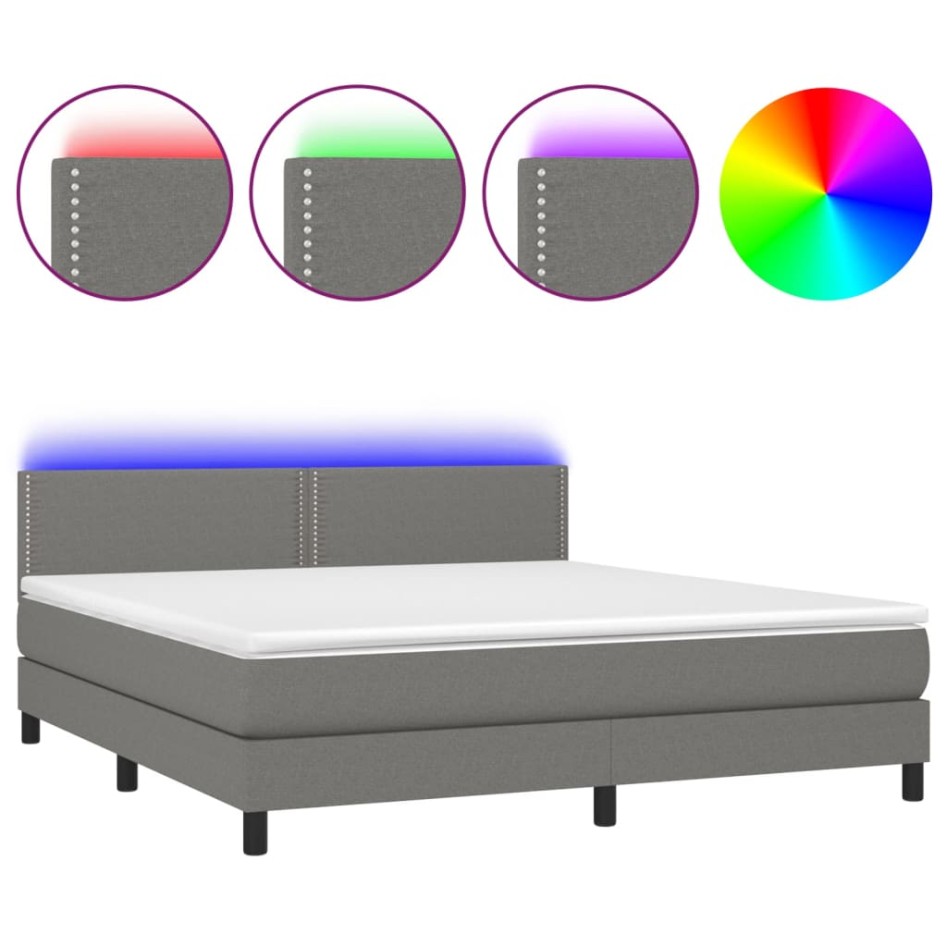 Cama box spring colchón y luces LED tela gris oscuro 160x200