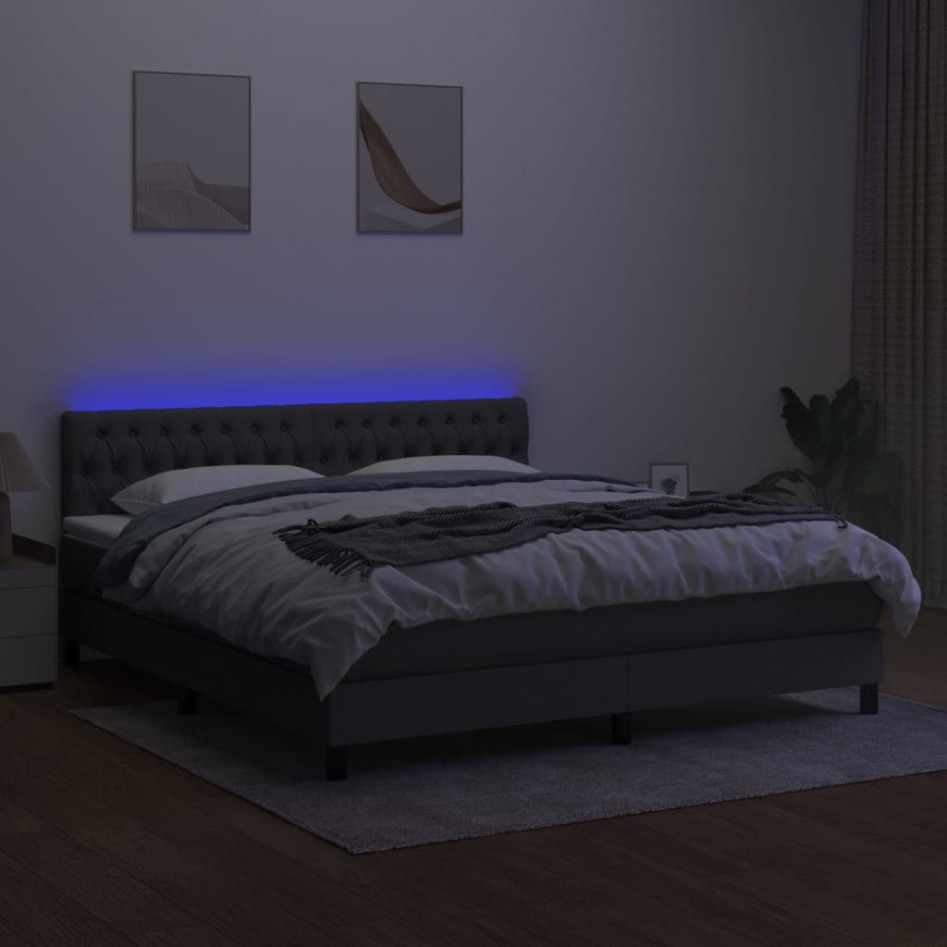 Cama box spring colchón y luces LED tela gris oscuro 160x200