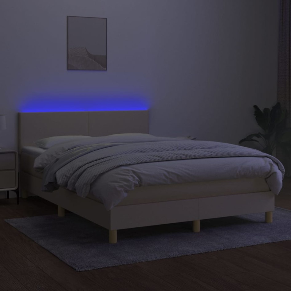 Cama box spring con colchón y LED tela crema 140x200