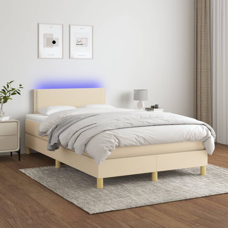 Cama box spring con colchón y LED tela crema 120x200