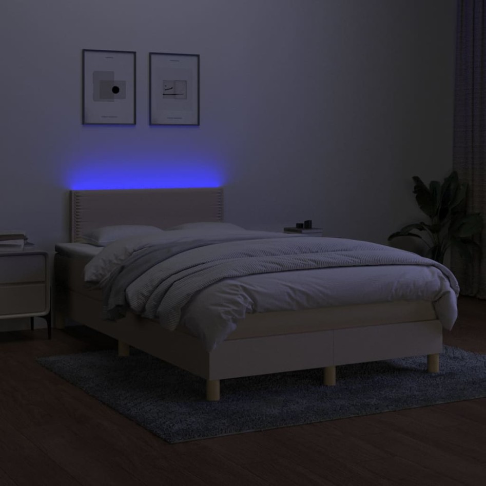 Cama box spring con colchón y LED tela crema 120x200