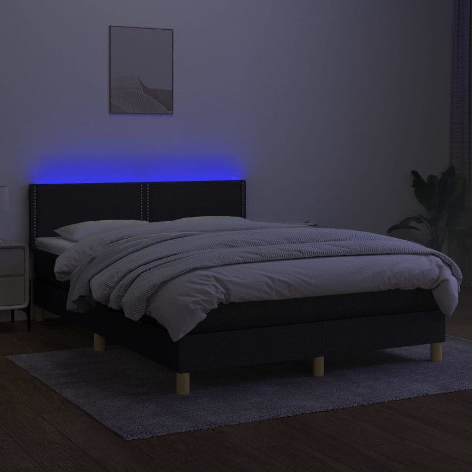 Cama box spring colchón y luces LED tela negro 140x200