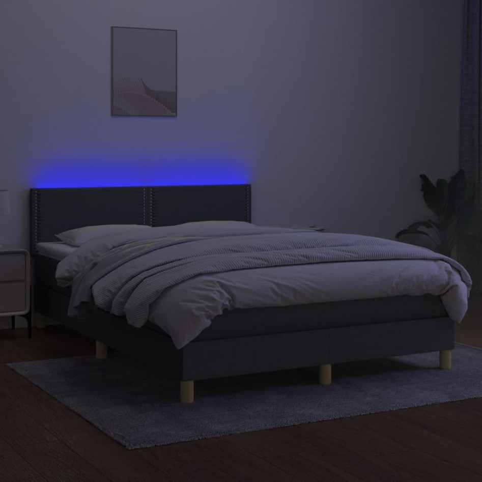 Cama box spring colchón y luces LED tela gris oscuro 140x190