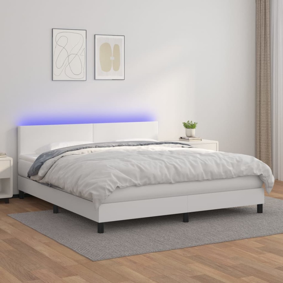 Cama box spring colchón y LED cuero sintético blanco 180x200