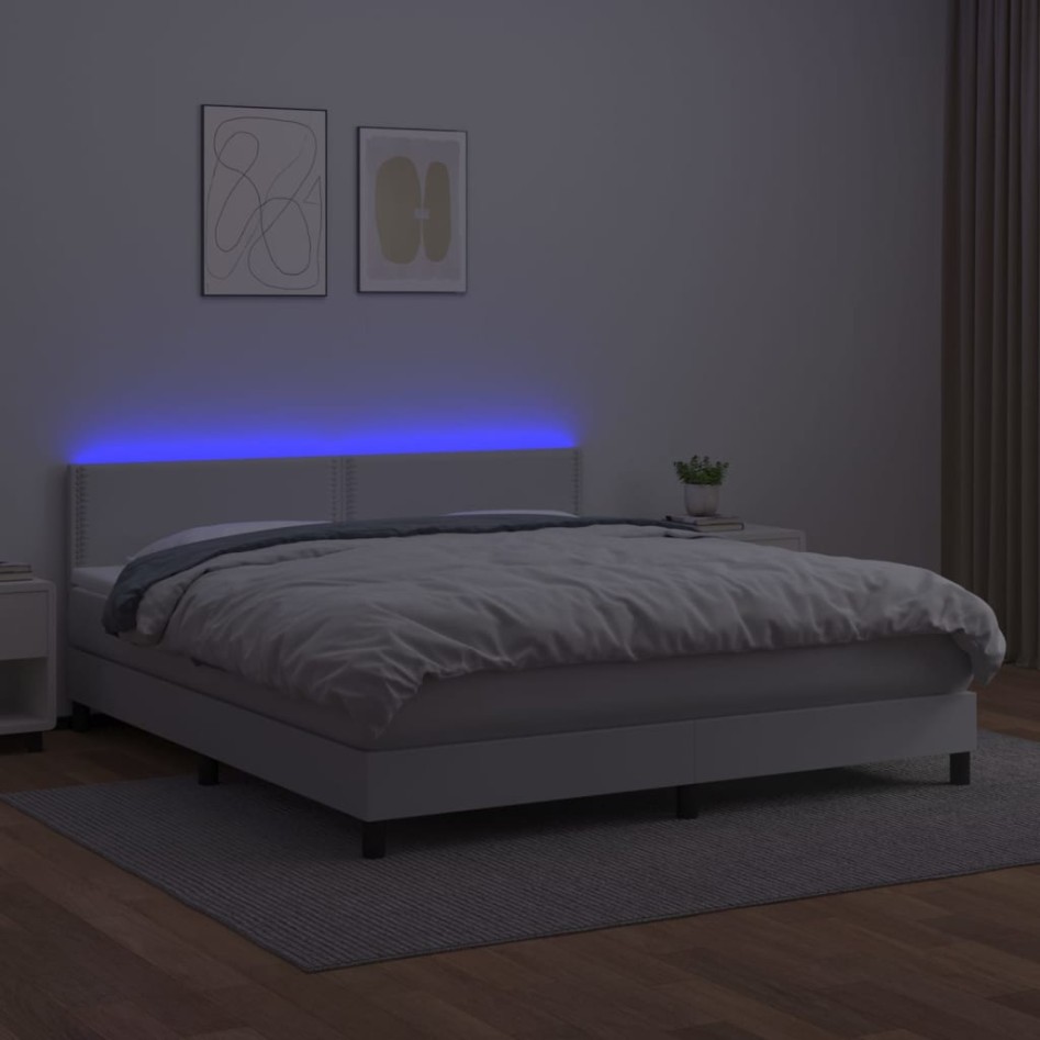 Cama box spring colchón y LED cuero sintético blanco 160x200