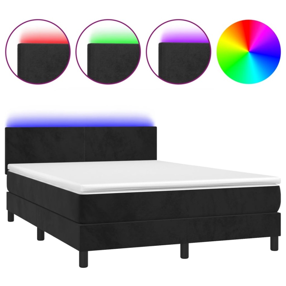 Cama box spring colchón y LED terciopelo negro 140x190