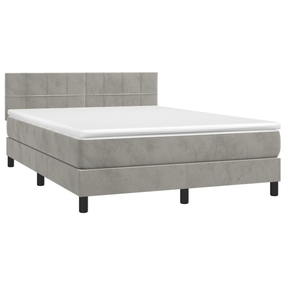 Cama box spring colchón y LED terciopelo gris claro 140x190