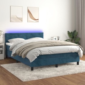 Cama box spring colchón y LED terciopelo azul oscuro 140x190