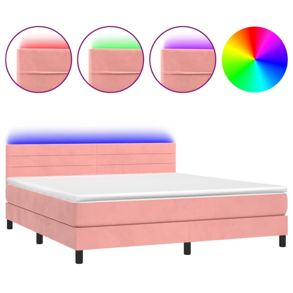Cama box spring colchón y LED terciopelo rosa 180x200