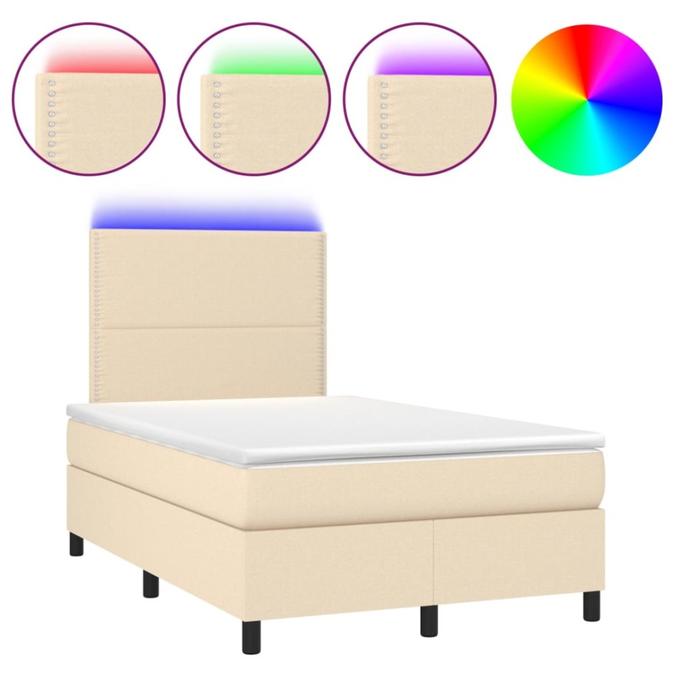 Cama box spring con colchón y LED tela crema 120x200