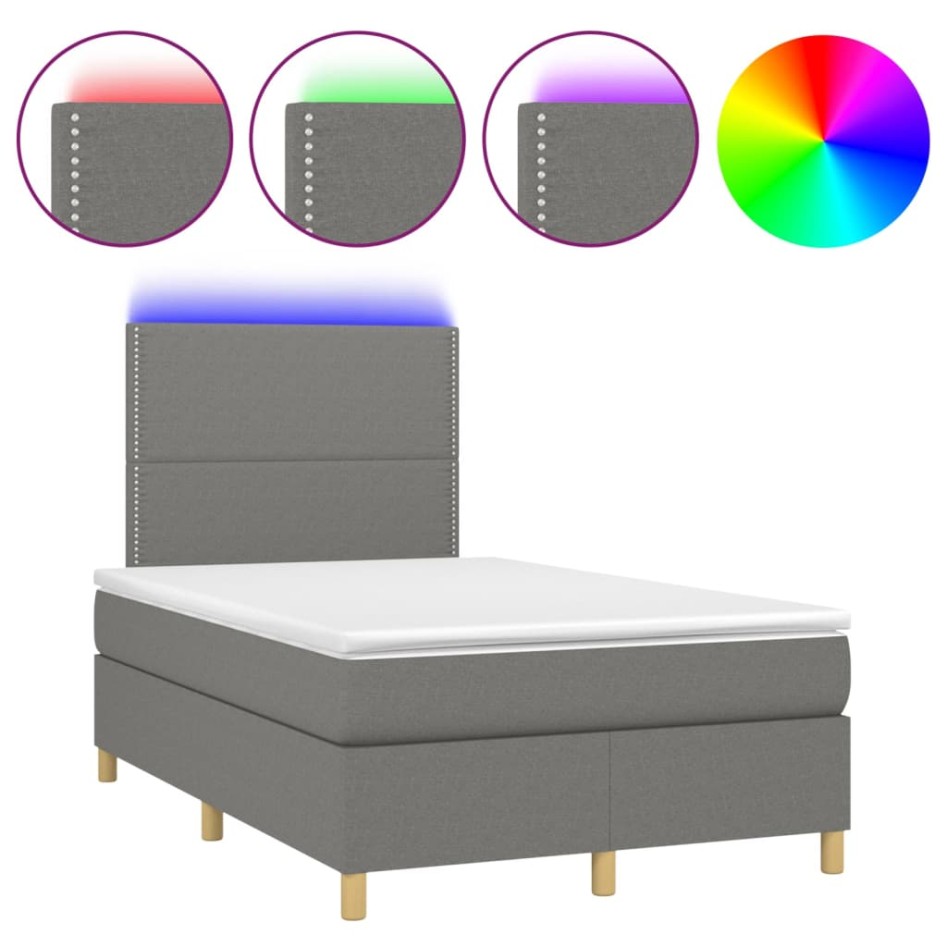 Cama box spring con colchón y LED tela gris oscuro 120x200