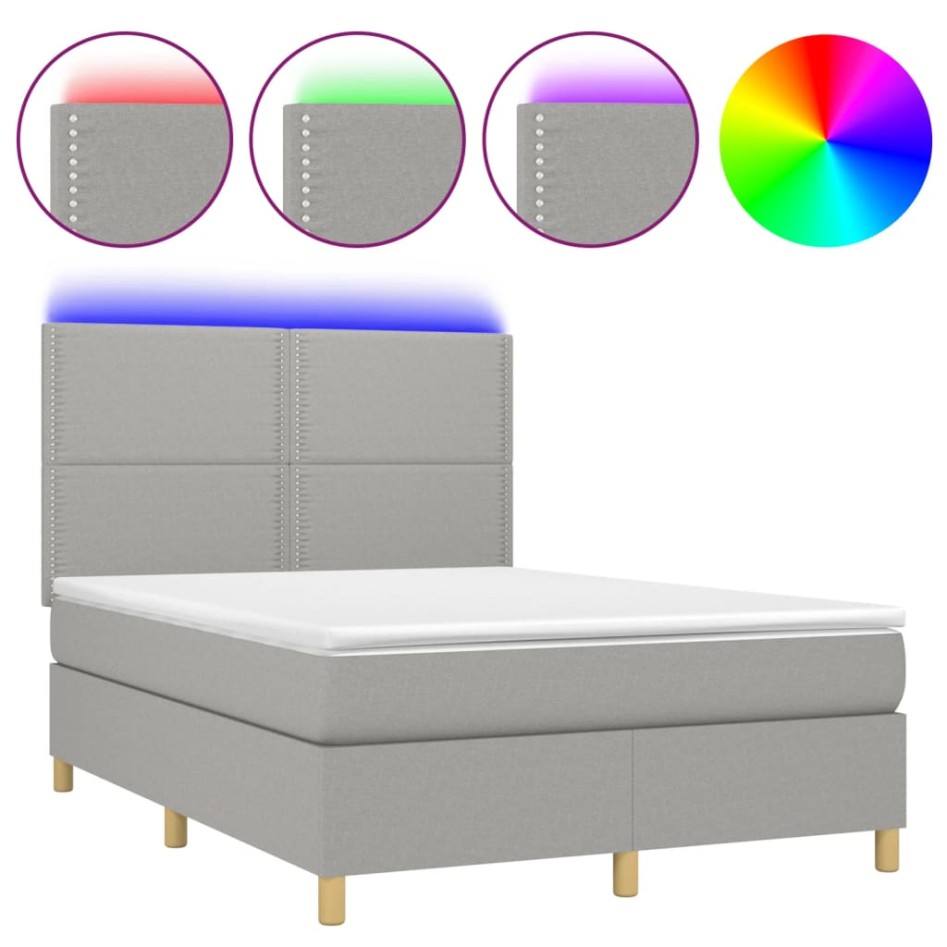 Cama box spring colchón y luces LED tela gris claro 140x190