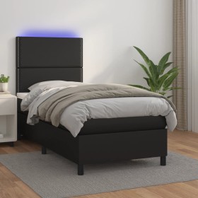 Cama box spring colchón y LED cuero sintético negro 100x200