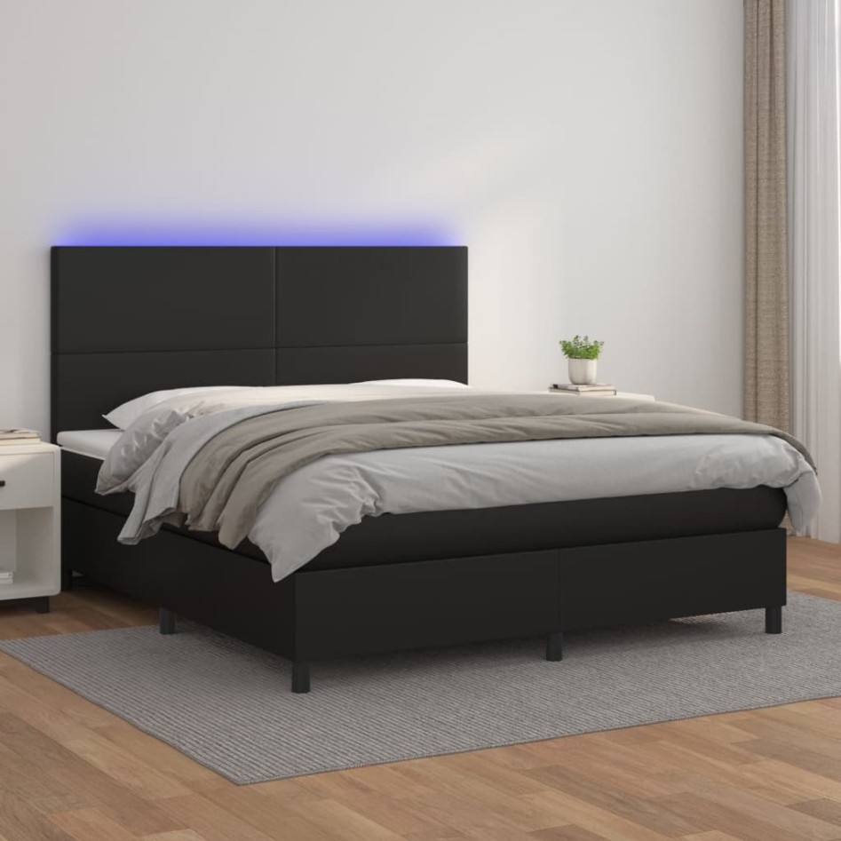 Cama box spring colchón y LED cuero sintético negro 160x200