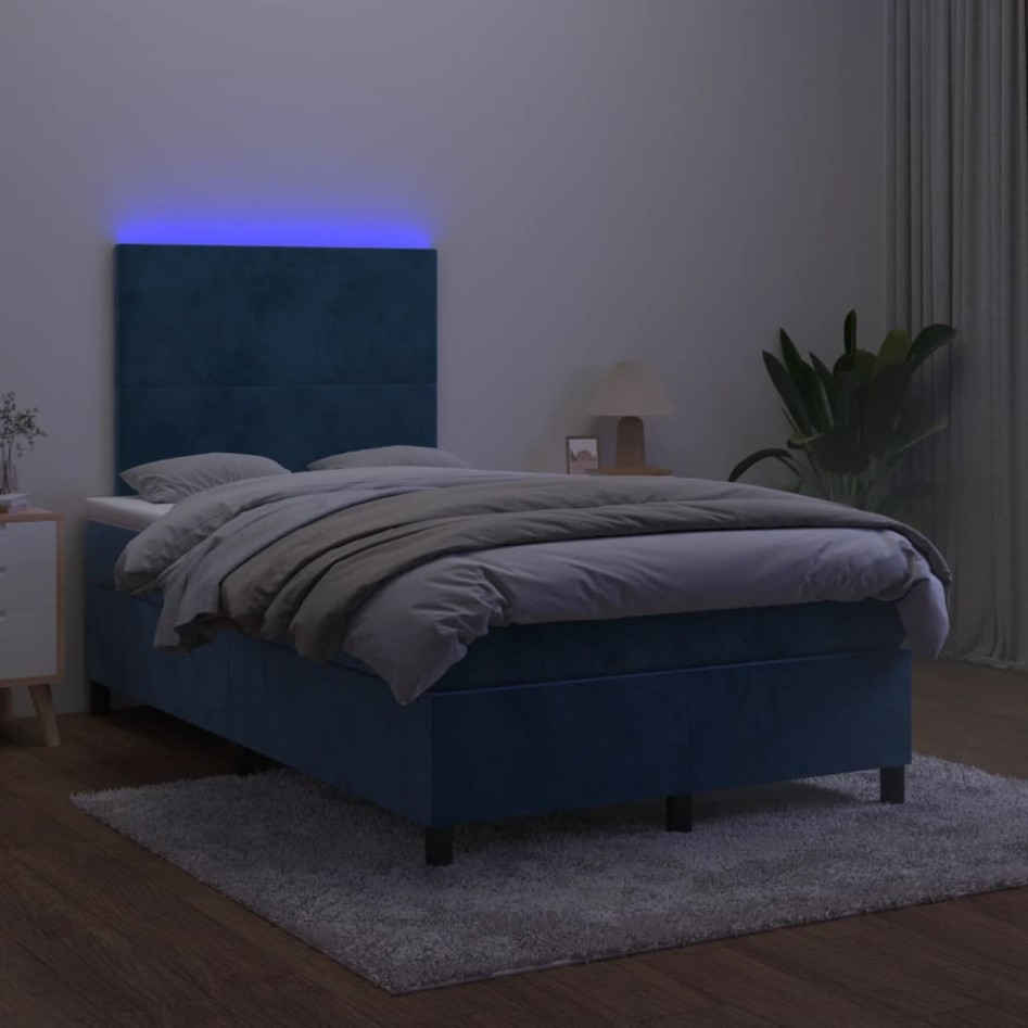 Cama box spring colchón y LED terciopelo azul oscuro 120x200