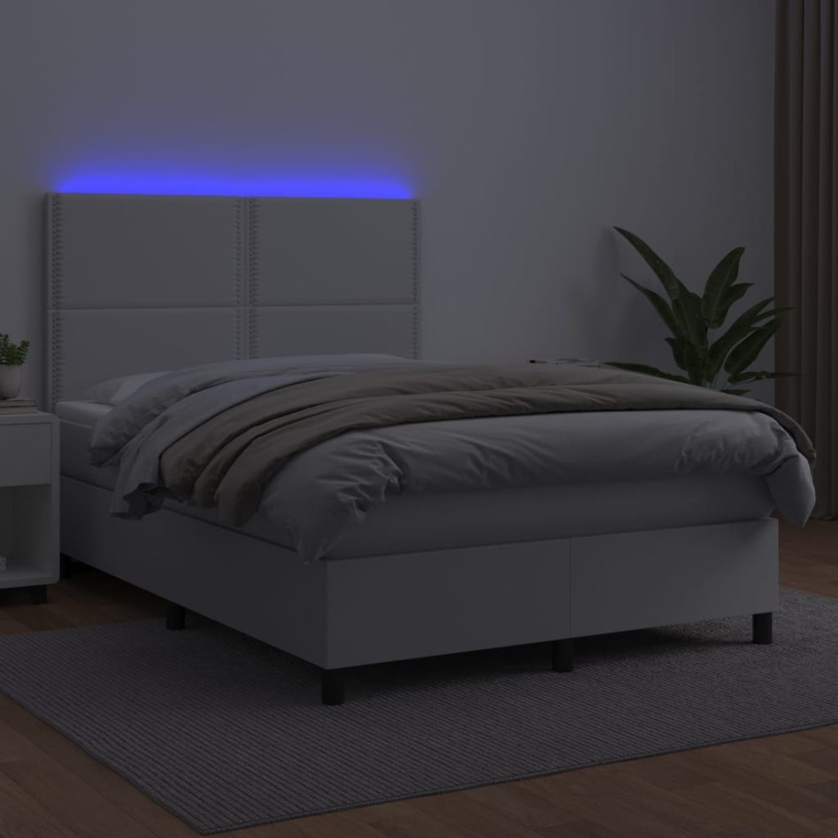 Cama box spring colchón y LED cuero sintético blanco 140x200