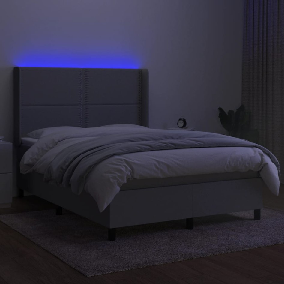 Cama box spring colchón y luces LED tela gris claro 140x190