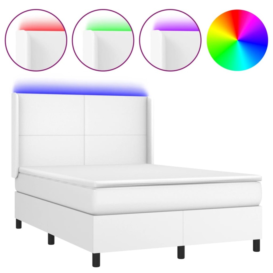 Cama box spring colchón y LED cuero sintético blanco 140x200