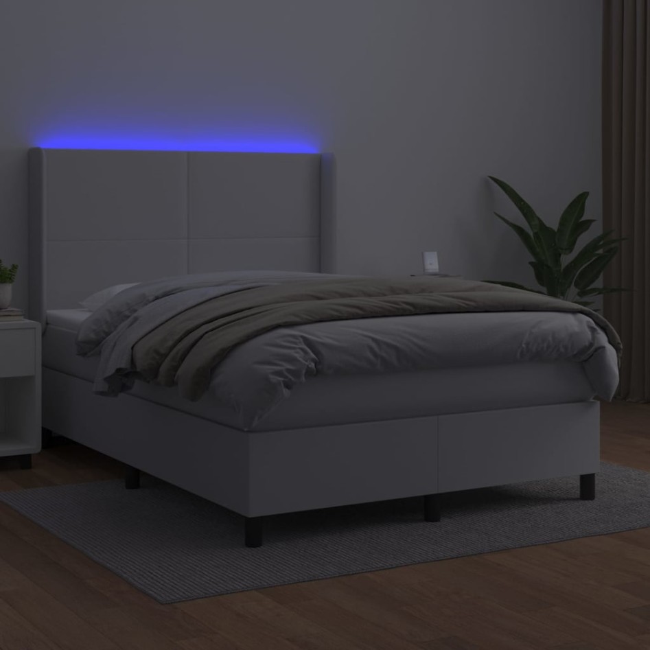Cama box spring colchón y LED cuero sintético blanco 140x200