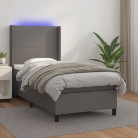 Cama box spring colchón y LED cuero sintético gris 100x200