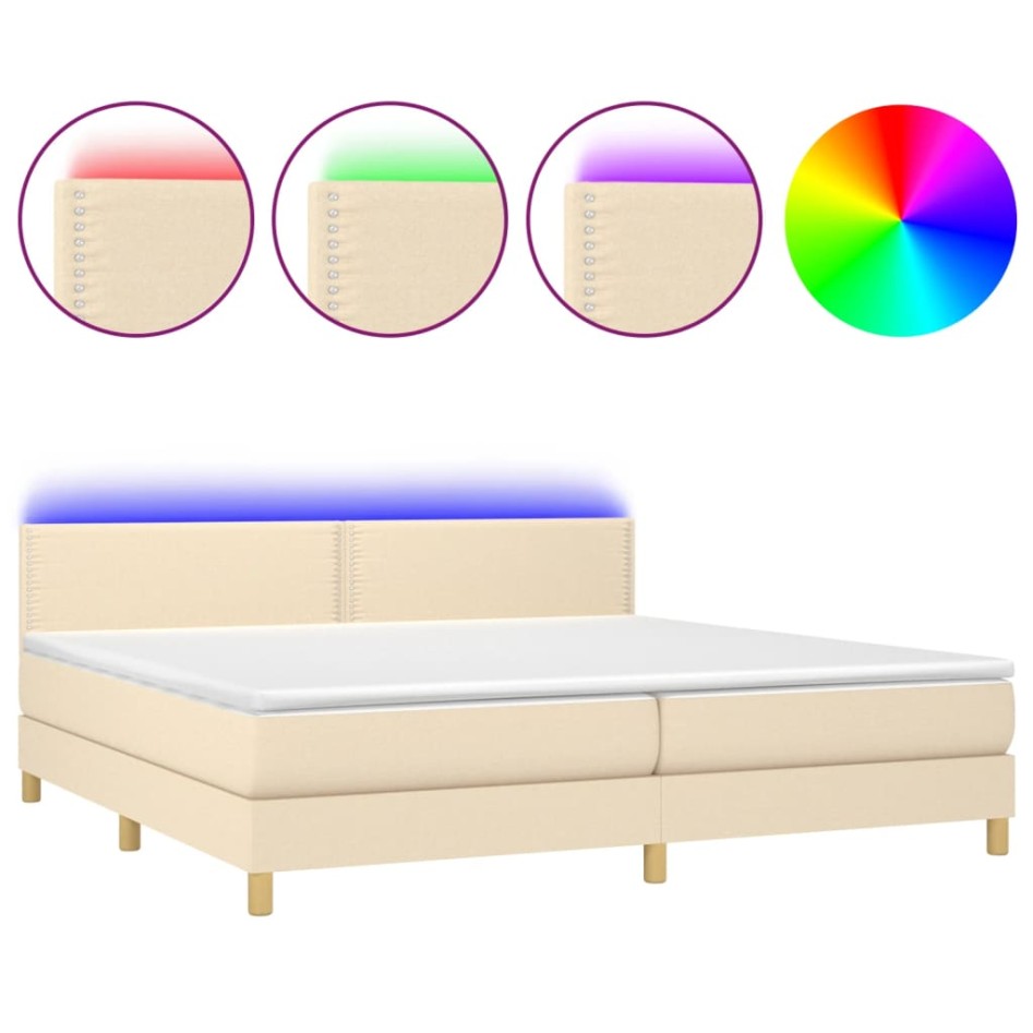 Cama box spring con colchón y LED tela crema 200x200