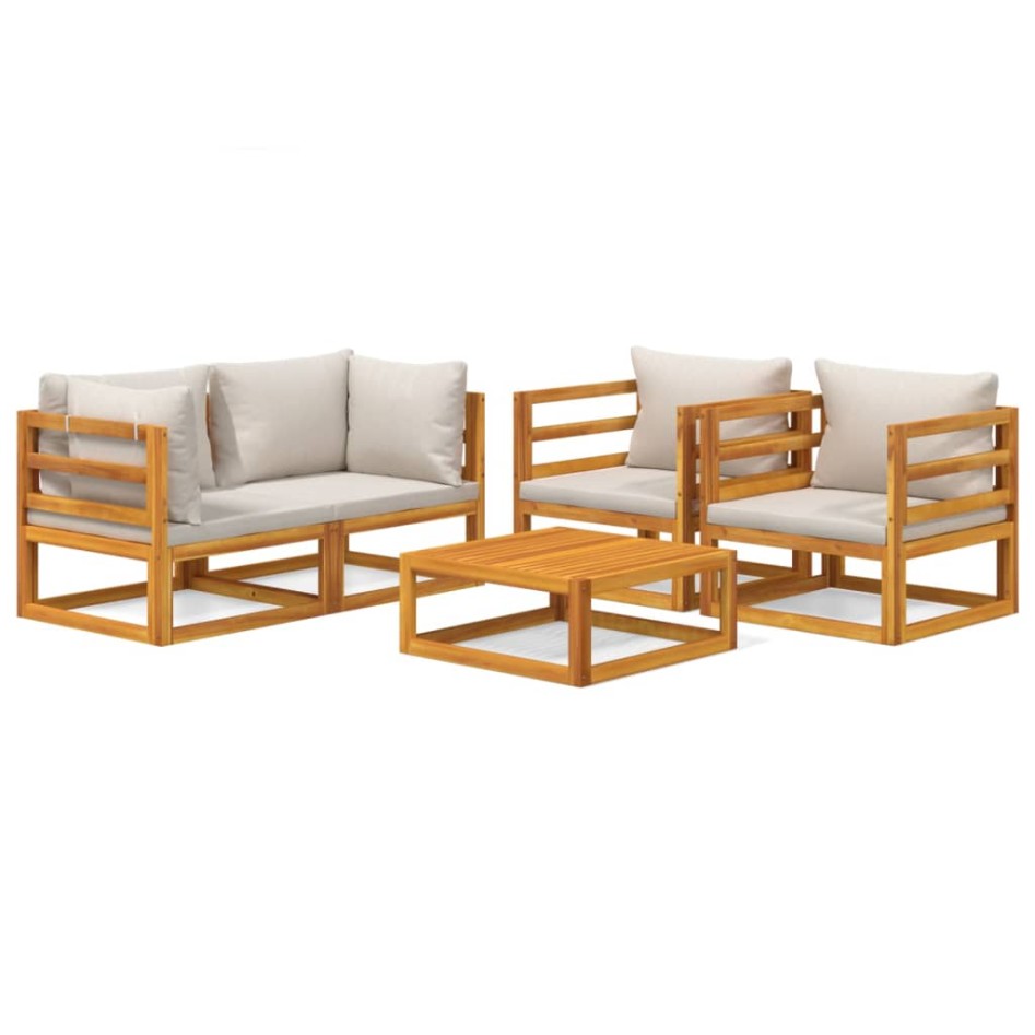 Set muebles de jardín 5 pzas madera maciza y cojines gris