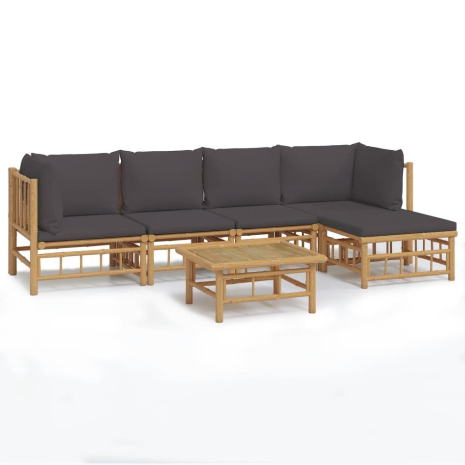 Set de muebles de jardín 6 piezas bambú con cojines gris