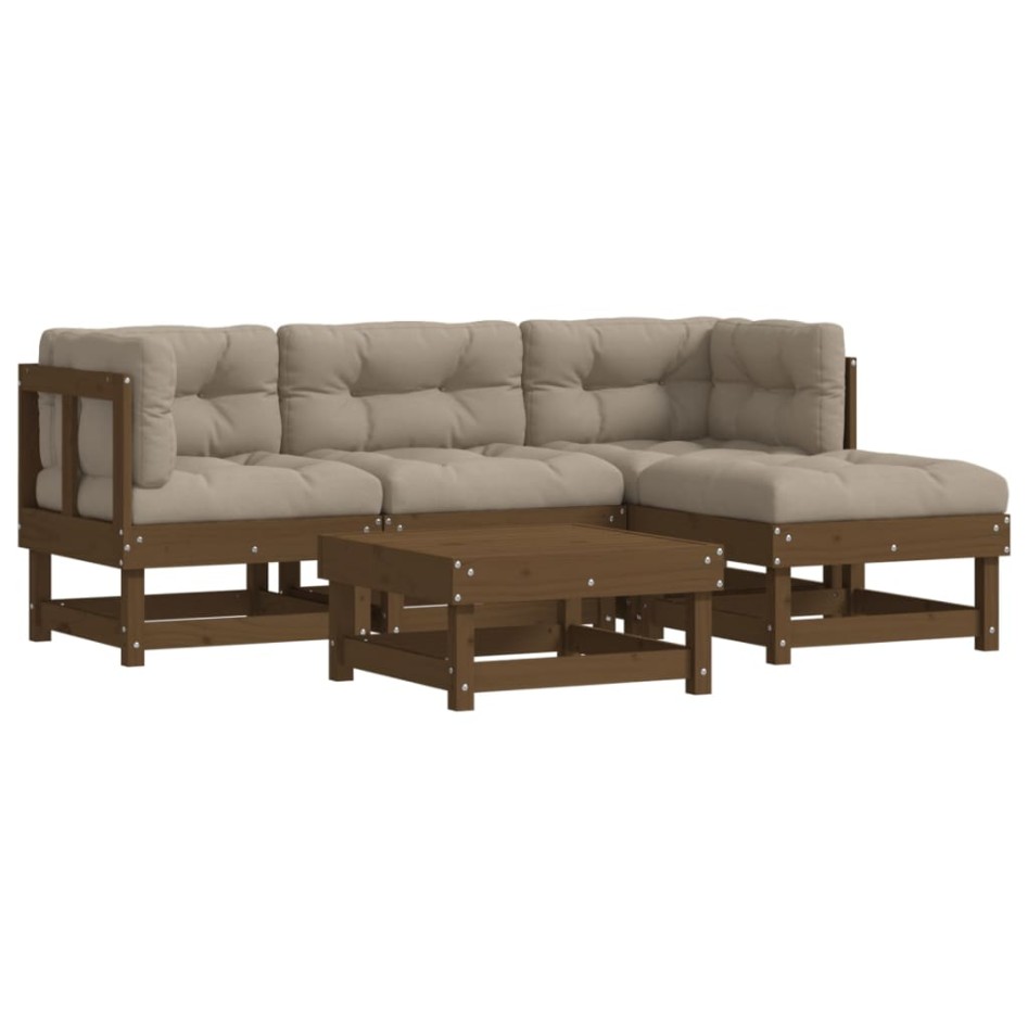 Juego muebles jardín 5 pzas y cojines madera maciza marrón