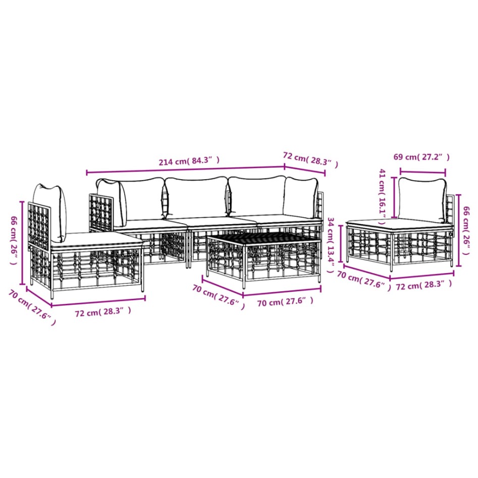 Juego de muebles de jardín 6 pzas y cojines ratán PE